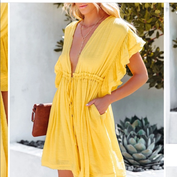 Vici pocketed button down ruffle dress - yellow - Picture 3 of 4